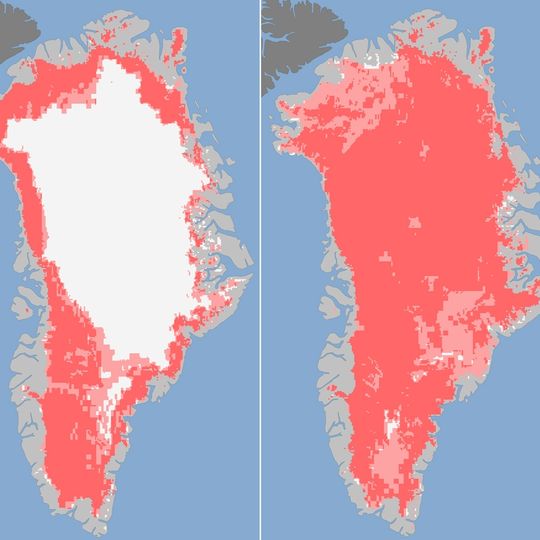 Le rose représente la détection de glace dégélé par les satellites de la Nasa 