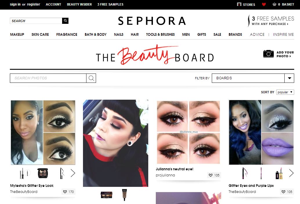 Page d'accueil The Beauty Board de Sephora, réseau social beauté
