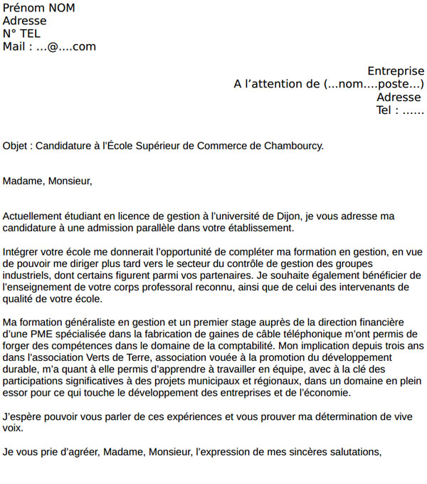 modele lettre de motivation ecole commerce