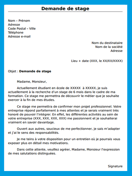 modele d'une lettre de demande de stage